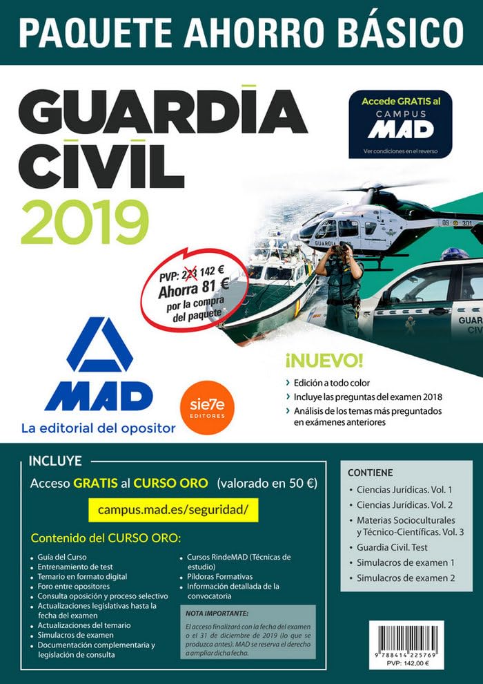 Paquete Ahorro BÁSICO Guardia Civil 2019. Ahorra 81 €. (incluye Temarios 1, 2 y 3; Test; Simulacros de Examen 1 y 2; y acceso a Curso Oro) Books