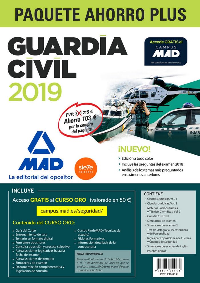 Paquete Ahorro PLUS Guardia Civil 2019. Ahorra103 € (incluye Temarios 1, 2 y 3; Test; Simulacros de Examen 1 y 2; Simulacros de examen de Inglés; Test ... Pruebas físicas; y acceso a Curso Oro) Books