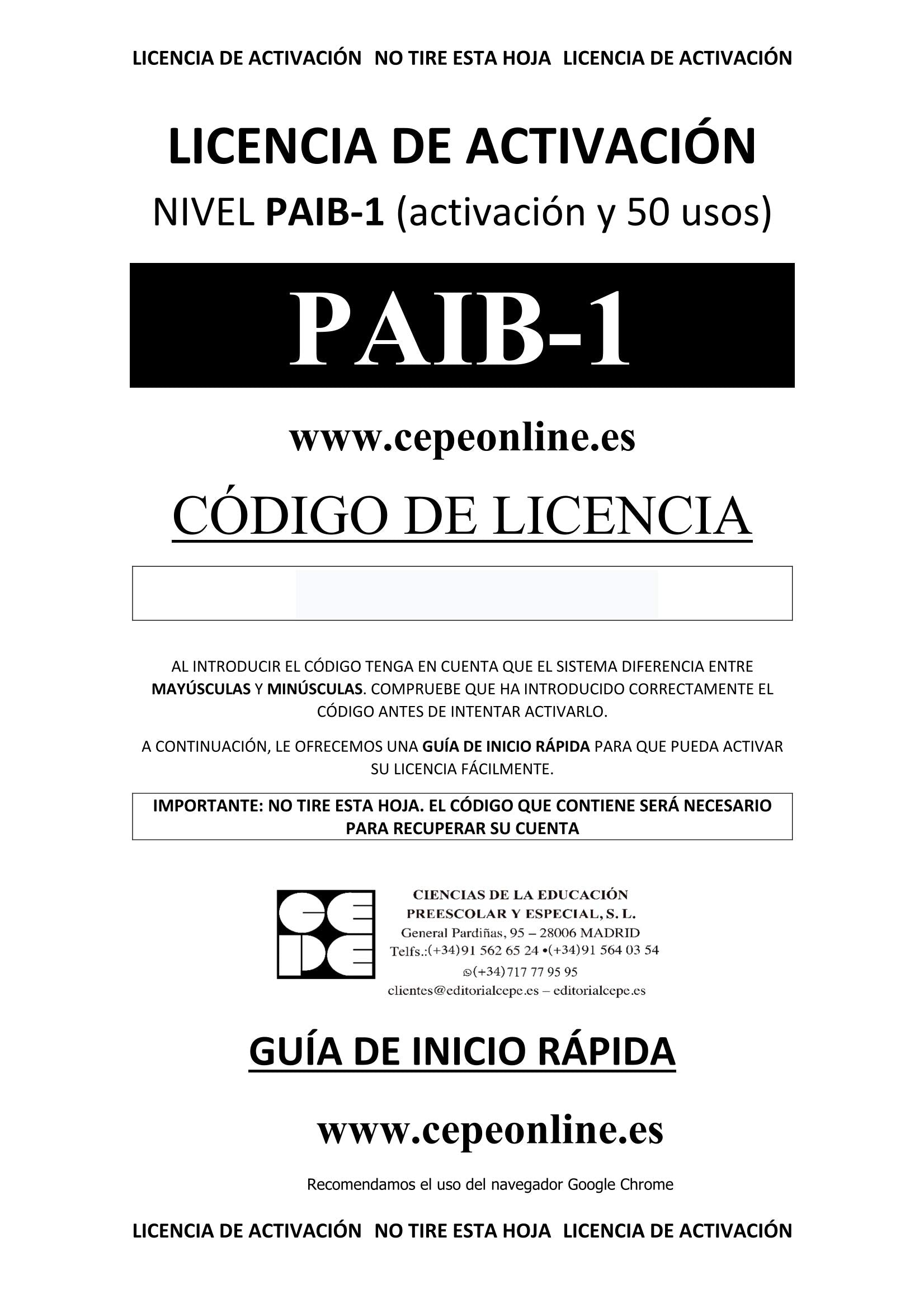 PAIB 1. Licencia On Line (PRUEBAS PSICOPEDAGÓGICAS) Psychology