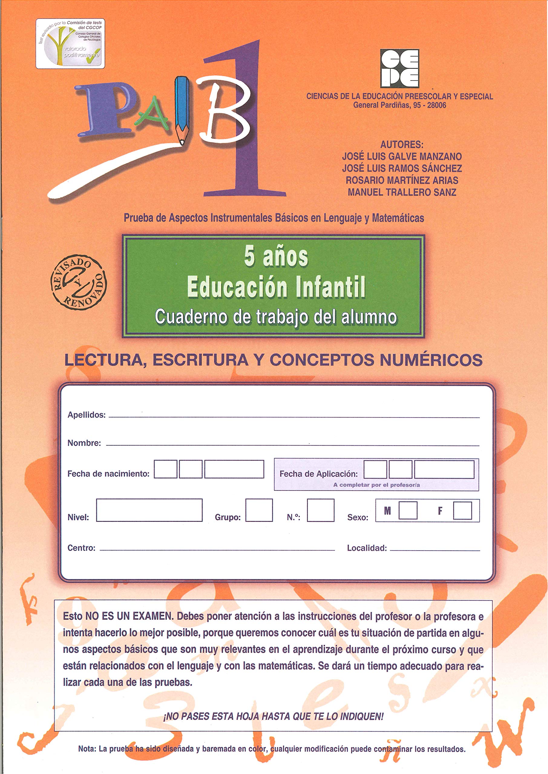 PAIB 1. Cuaderno de trabajo del alumno Infantil (5 años) (PRUEBAS PSICOPEDAGÓGICAS, Band 7) Psychology