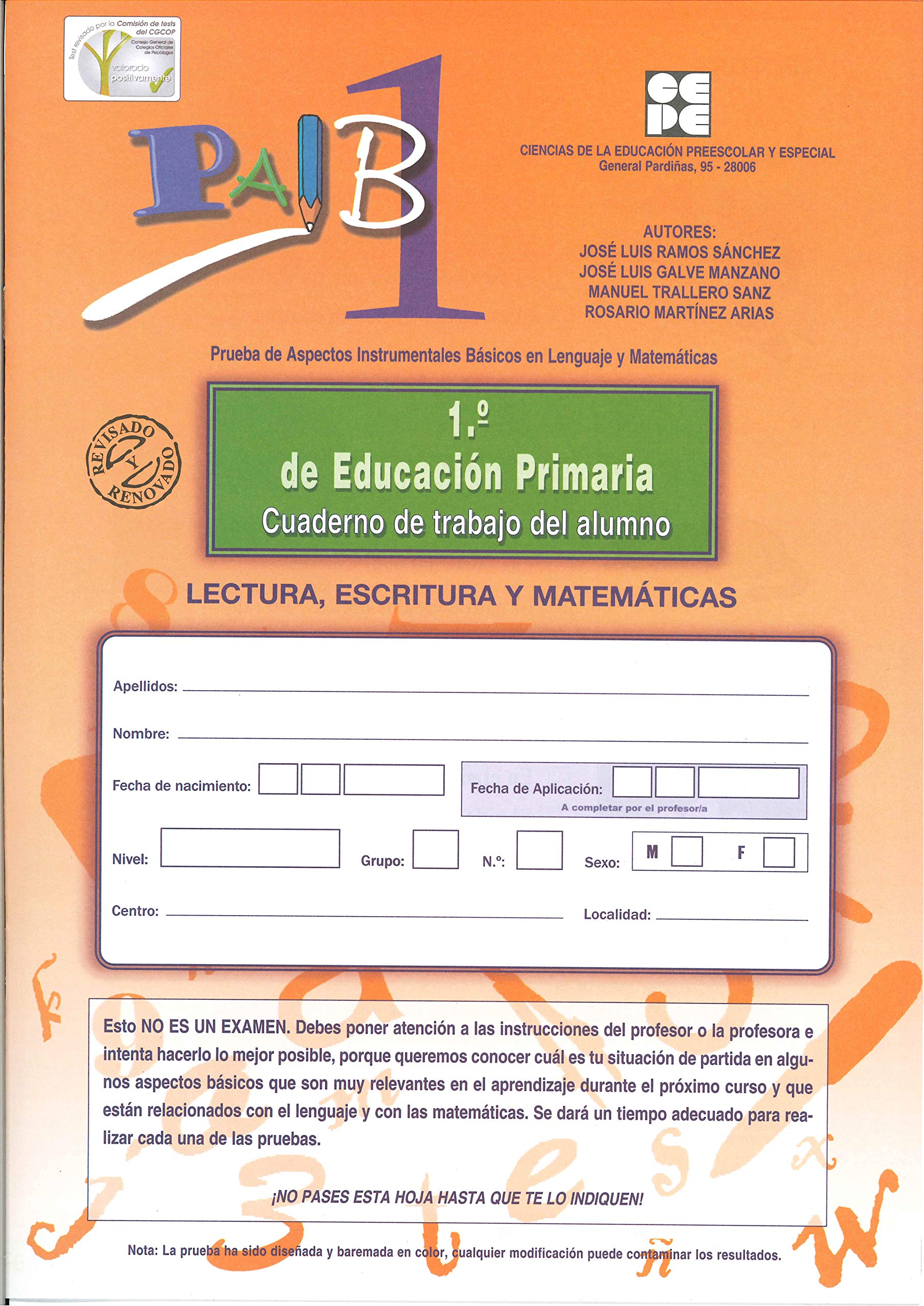 PAIB 1. Cuaderno de trabajo del alumno 1º de Primaria (PRUEBAS PSICOPEDAGÓGICAS, Band 7) Psychology