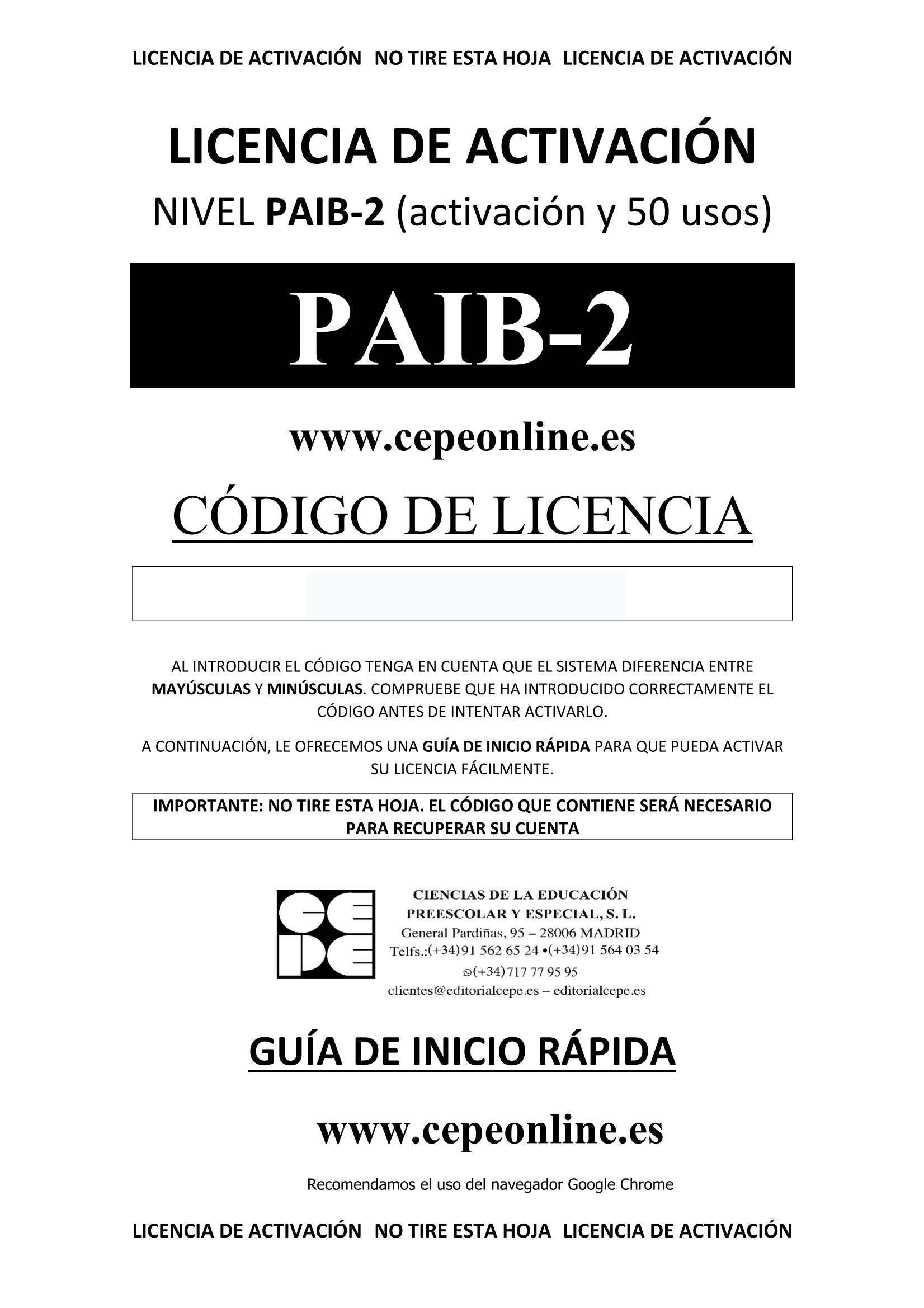PAIB 2. Licencia On Line (PRUEBAS PSICOPEDAGÓGICAS) Psychology