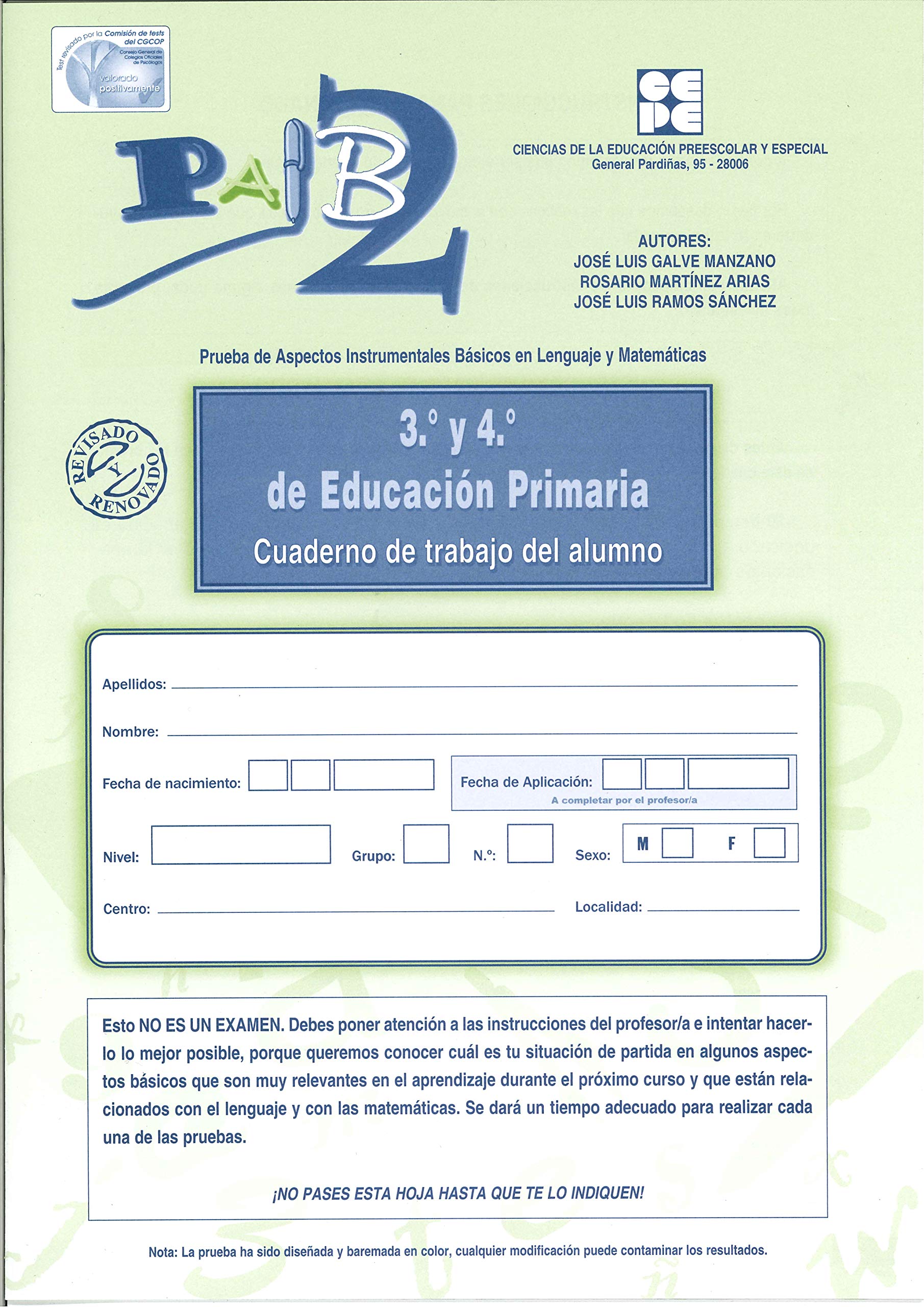 PAIB 2. Cuaderno de trabajo del alumno 3º y 4º de Primaria (PRUEBAS PSICOPEDAGÓGICAS, Band 8) Psychology