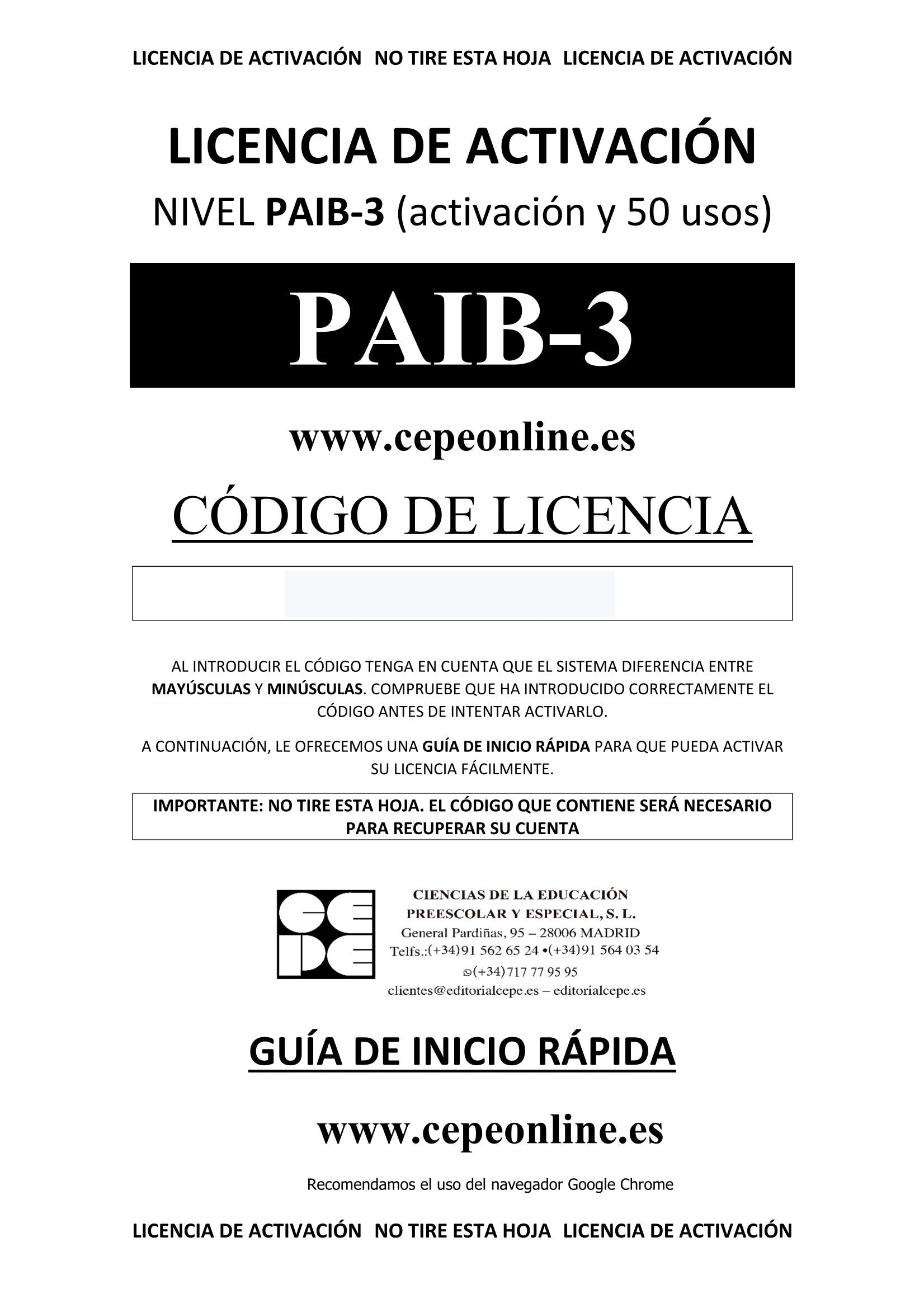 PAIB 3. Licencia On Line (PRUEBAS PSICOPEDAGÓGICAS) Psychology