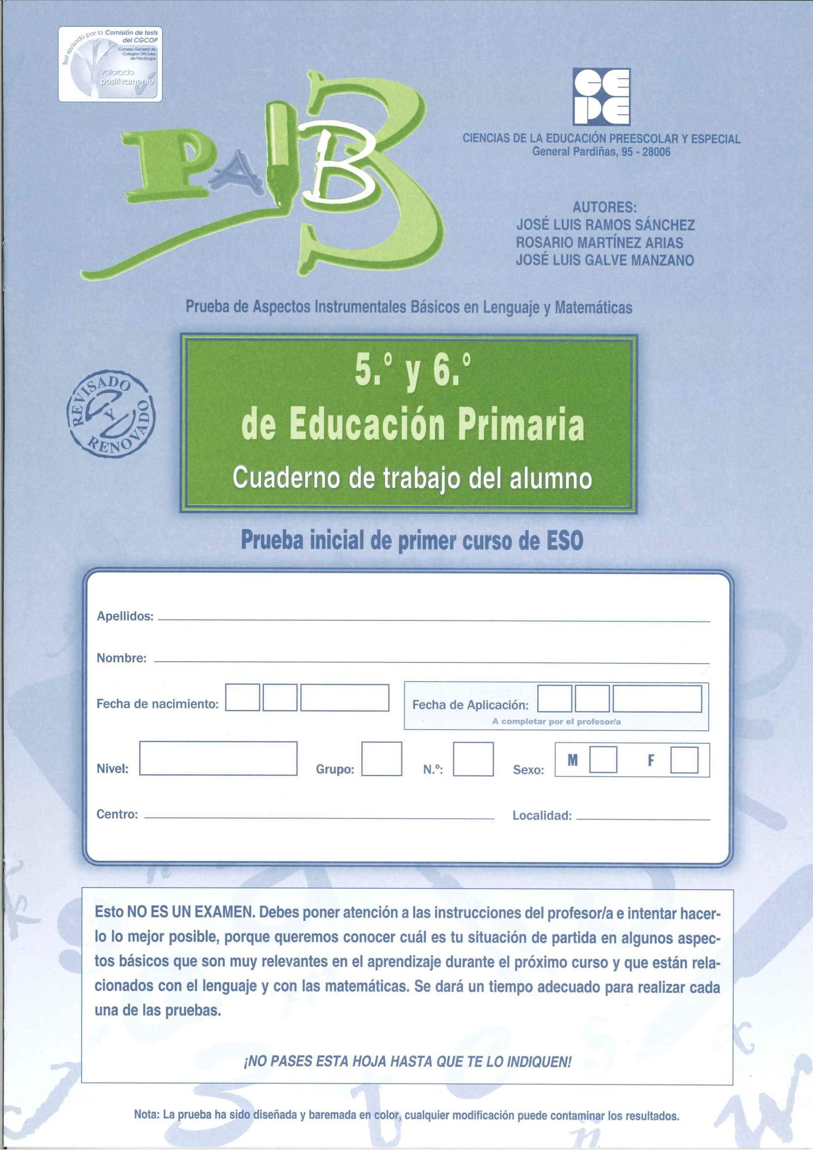PAIB 3. Cuaderno de trabajo del alumno 5º y 6º de Educación Primaria y 1º de ESO (PRUEBAS PSICOPEDAGÓGICAS, Band 9) Psychology