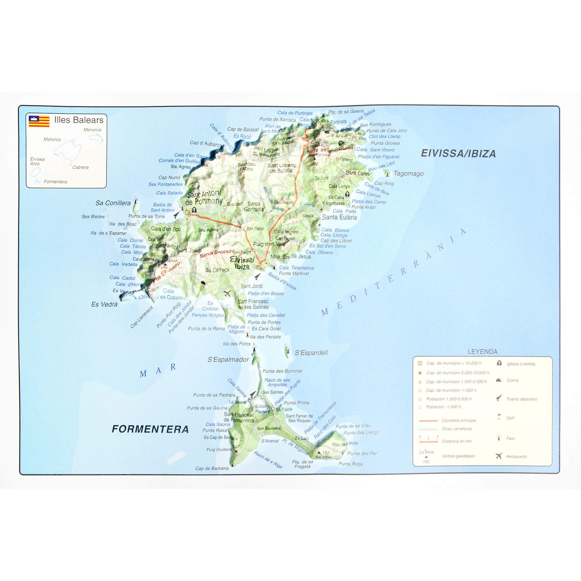 Mapa en relieve Formentera. Escala 1:100.000, 31x21 cm satélite Geology & Geography