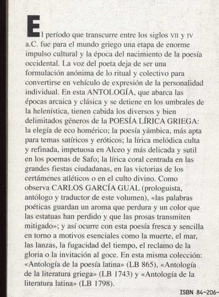 Antologia de la poesia lirica griega : (siglos VII-IV a.c.) Poetry