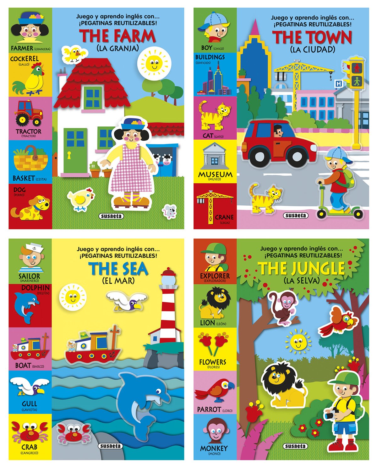 Juego y aprendo inglés con pegatinas reutilizables (4 títulos) book