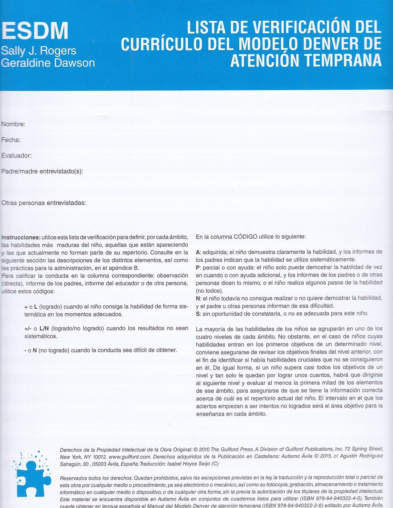 Lista de verificación del Currículo del Modelo Denver de Atención Temprana: ESDM book