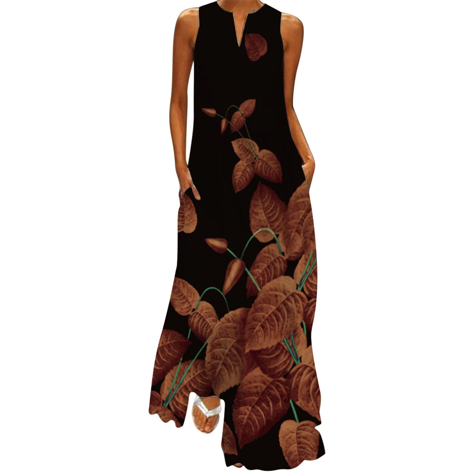Olive Summer Dress Women Summer Casual Sleeveless Print V Neck Maxi Loose Dress Boho Dresses for Gra book