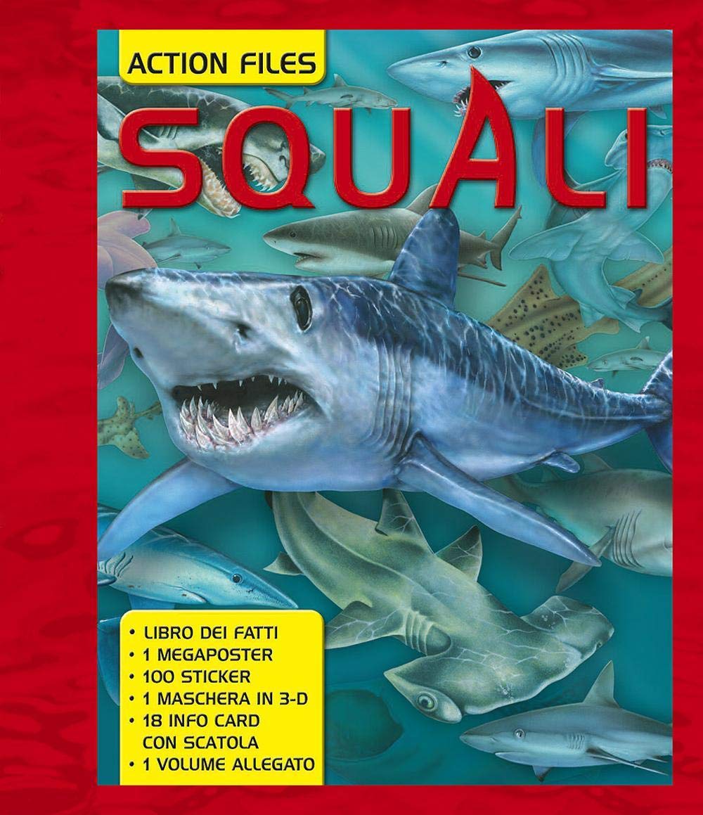 Squali. Con 18 info card con scatola. Con maschera 3D. Con megaposter. Con 100 sticker book