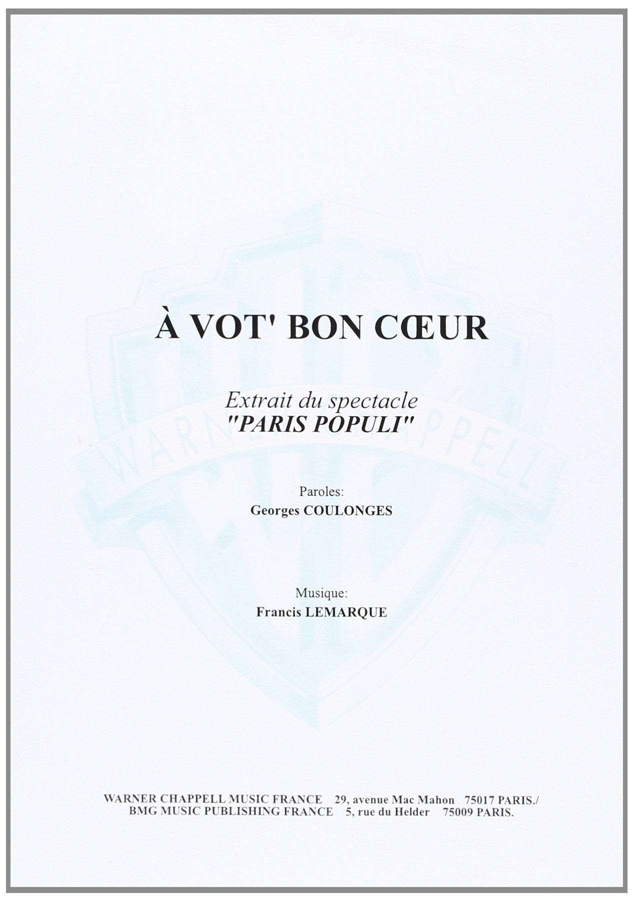 A vot bon coeur. Spartito Sheet Music