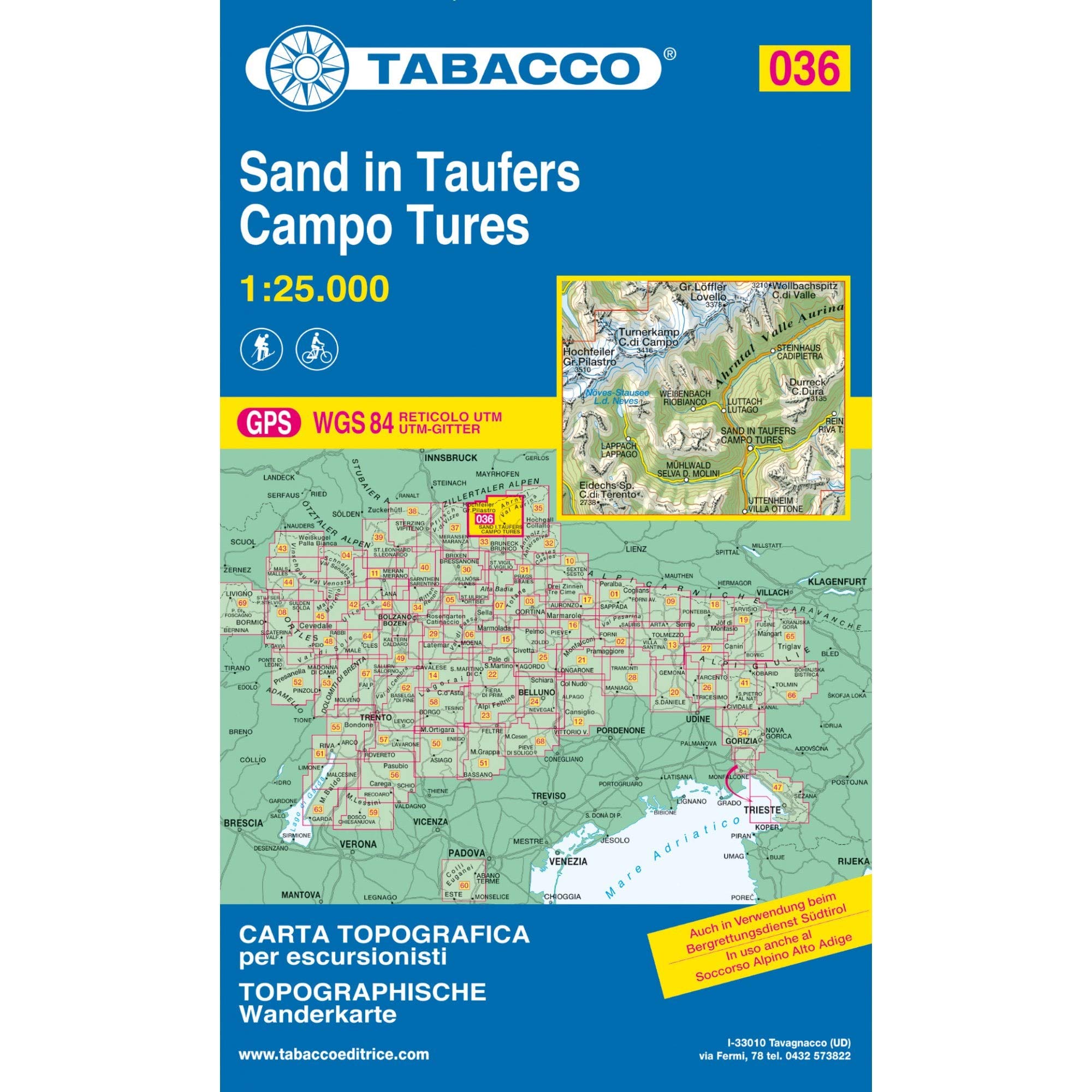 Sand in Taufers: Wanderkarte Tabacco 036. 1:25000: GPS. UTM-Gitter (Carte topografiche per escursionisti, Band 36) Leisure, Home & Garden