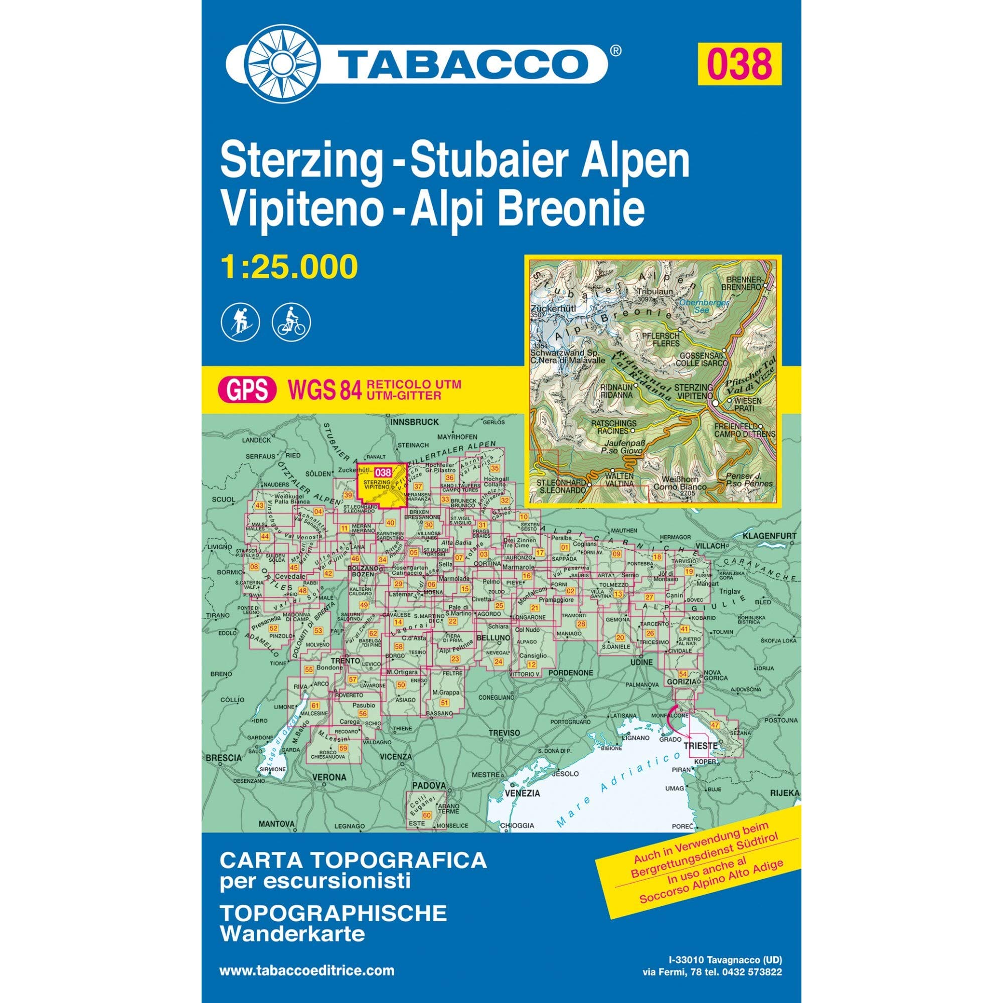 Sterzing, Stubaier Alpen: Wanderkarte Tabacco 038. 1:25000: Mit Kilometerraster U.T.M.. GPS (Carte topografiche per escursionisti, Band 38) Leisure, Home & Garden