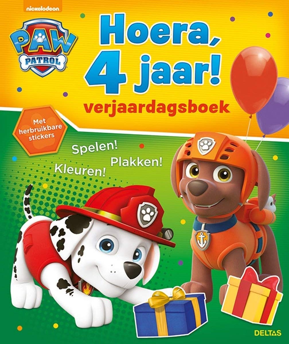 Paw Patrol Hoera, 4 jaar! Verjaardagsboek: Spelen! Kleuren! Plakken! Met herbruikbare stickers book
