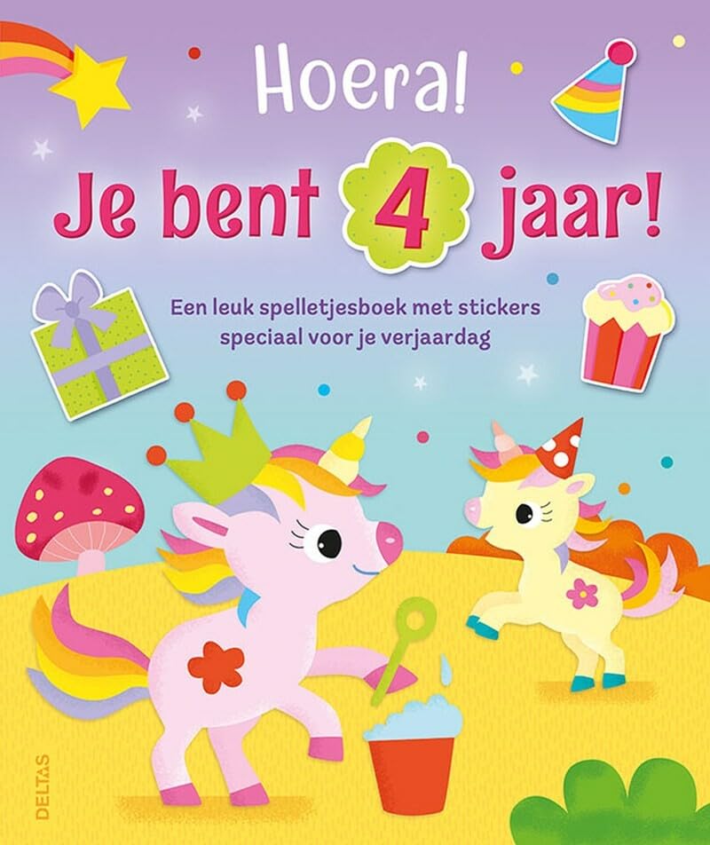 Hoera! Je bent 4 jaar! Eenhoorns: Een leuk spelletjesboek met stickers speciaal voor je verjaardag book