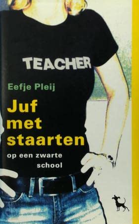 Juf met staarten op een zwarte school book