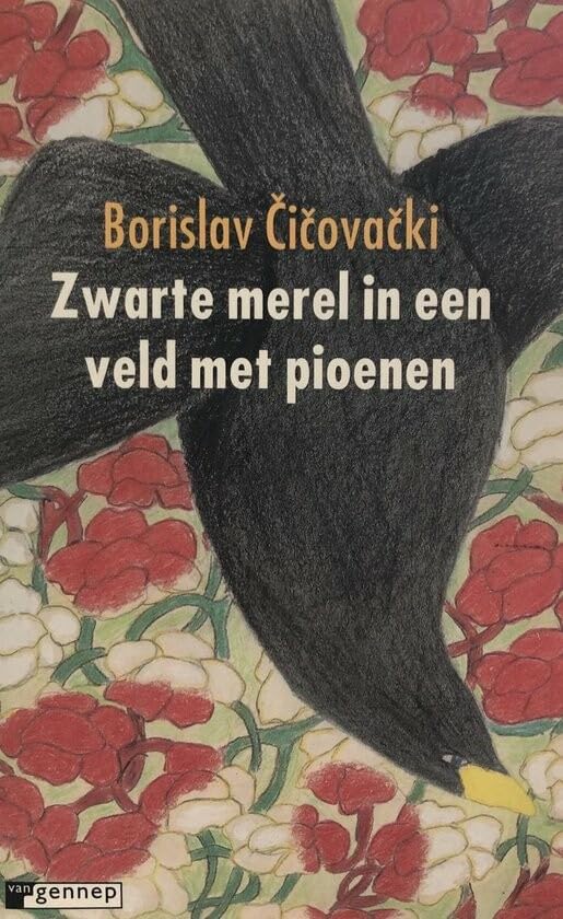 Zwarte merel in een veld met pioen book