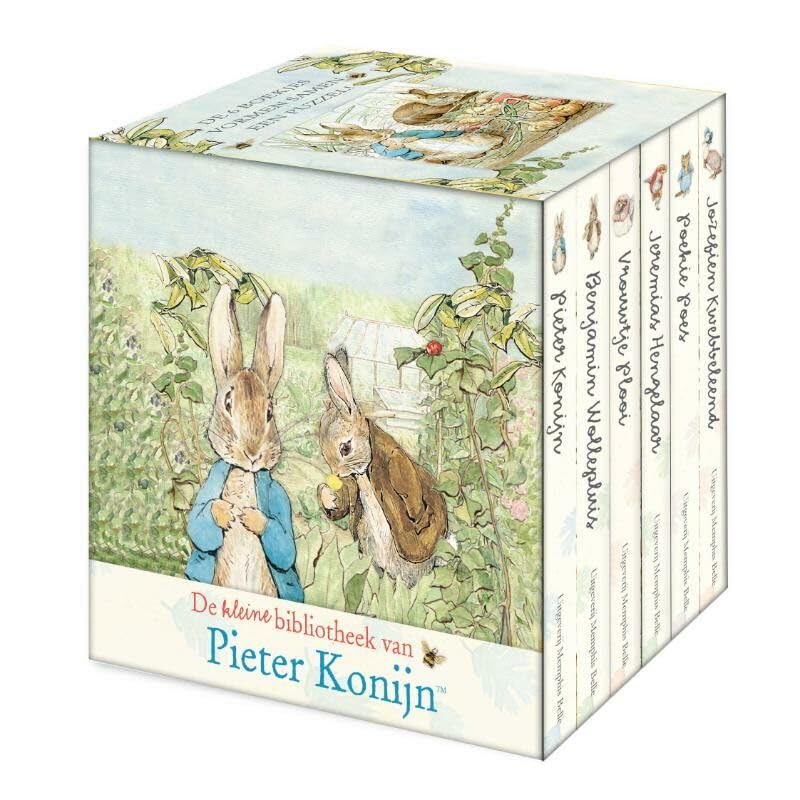 De kleine bibliotheek van Pieter Konijn: jozefien kwebbeleend, poekie poes, Jeremias Hengelaar, Vrouwtje Plooi, Benjamin Wollepluis, Pieter Konijn book
