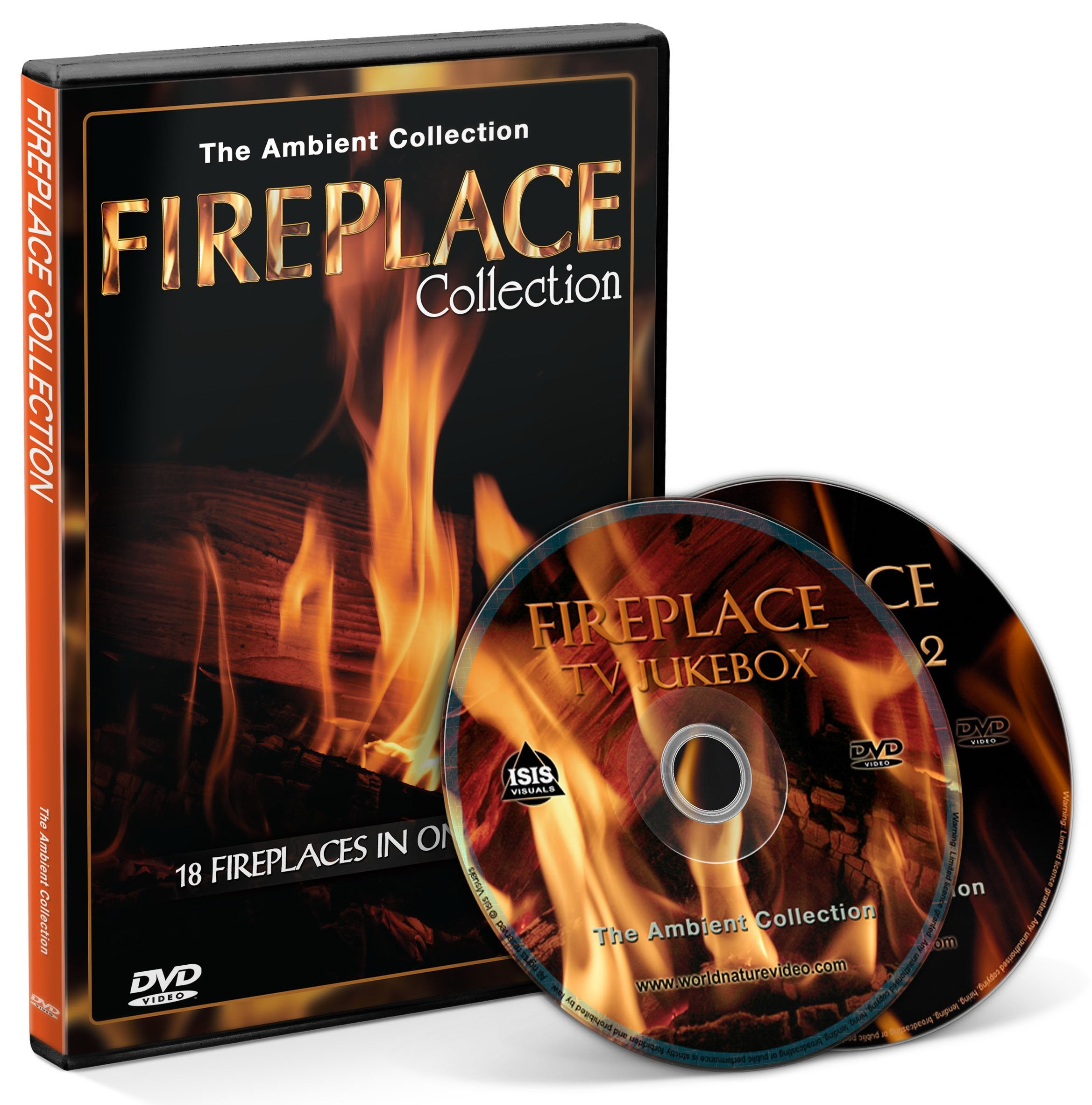 Fire 2 DVD Box Set-Fireplace Collection 2013 with a choose out of 18 Fireplaces with the Sounds of Burning Wood Movies