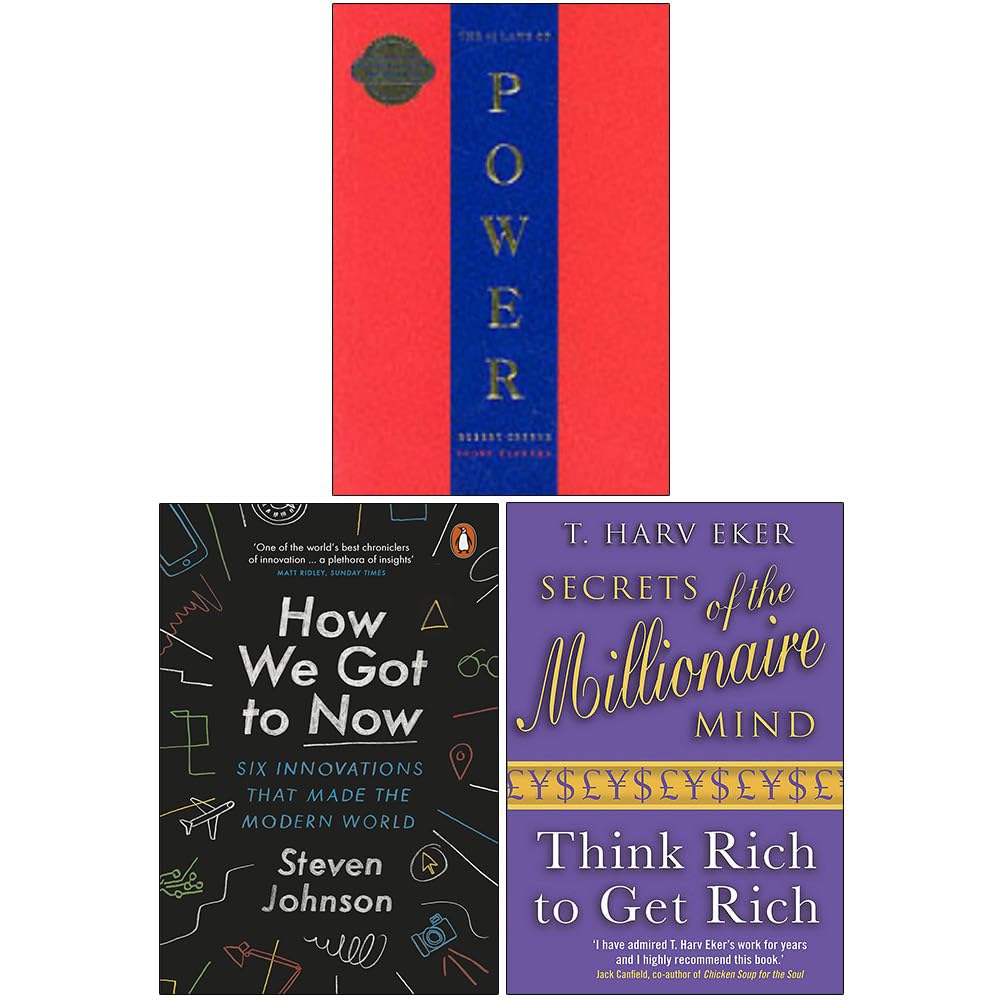 The 48 Laws Of Power, How We Got to Now Six Innovations That Made the Modern World, Secrets of the Millionaire Mind Think Rich to Get Rich 3 Books Collection Set Philosophy