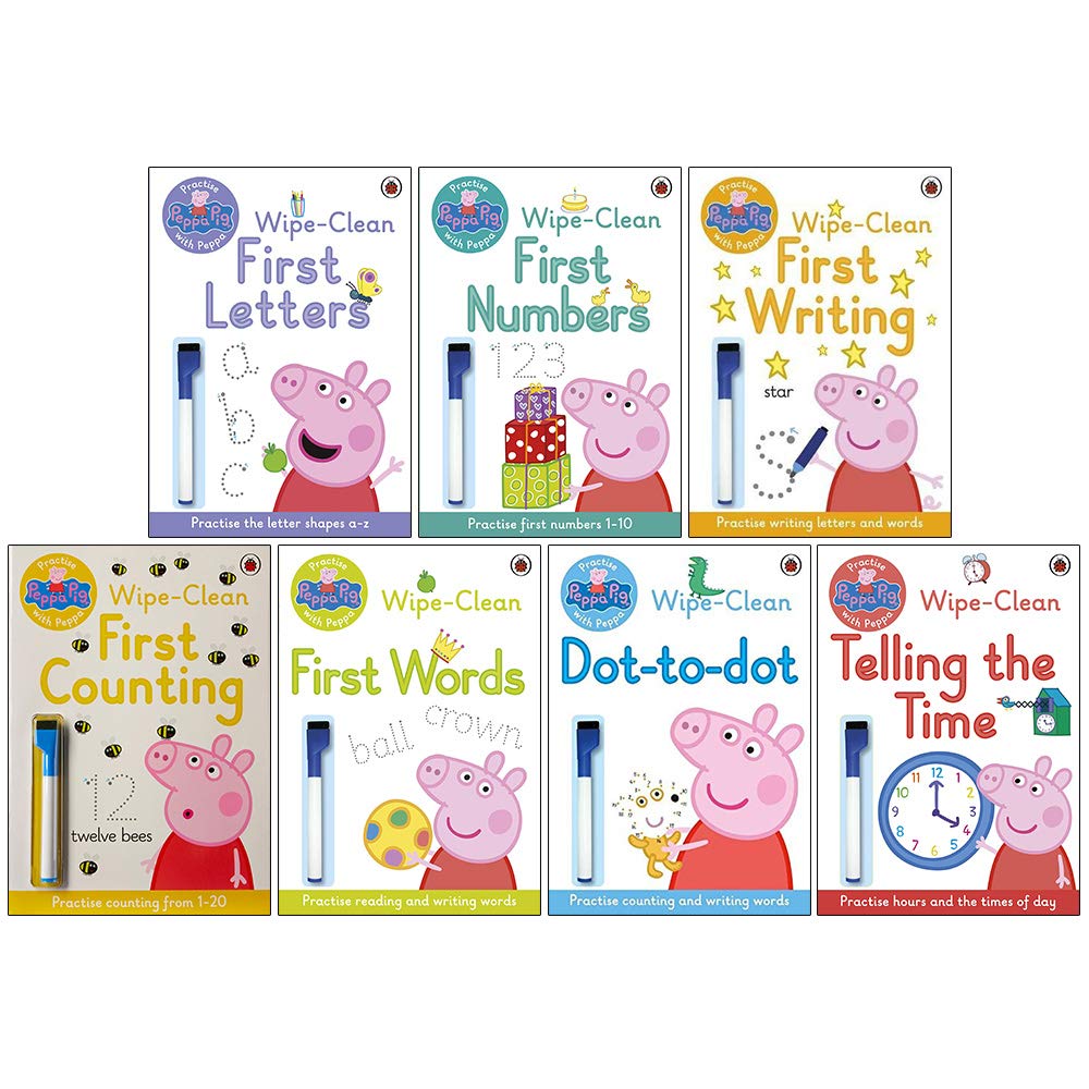 Peppa Pig Collection 7 Books Set (Wipe-Clean First Letters, Wipe-Clean First Numbers, Wipe-Clean First Writing, Wipe-Clean First Counting, First Words, Dot-to-Dot, Telling the Time) book