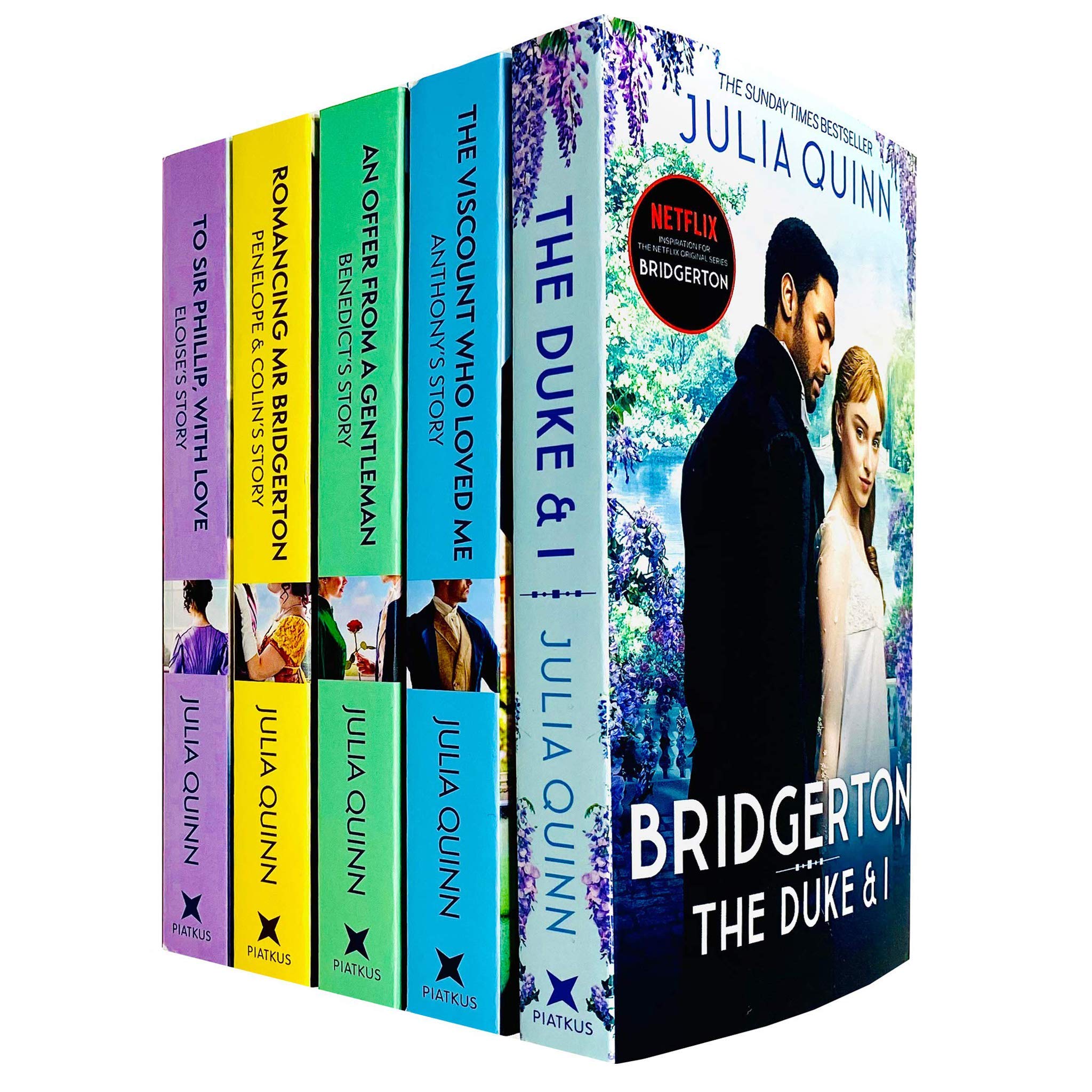 Bridgerton Family Book Series 5 Books Collection Set par Julia Quinn (Le duc et moi, vicomte qui m'a aimé, offre d'un gentleman, romance avec M. Bridgerton et Sir Phillip, avec amour) Historical Fiction