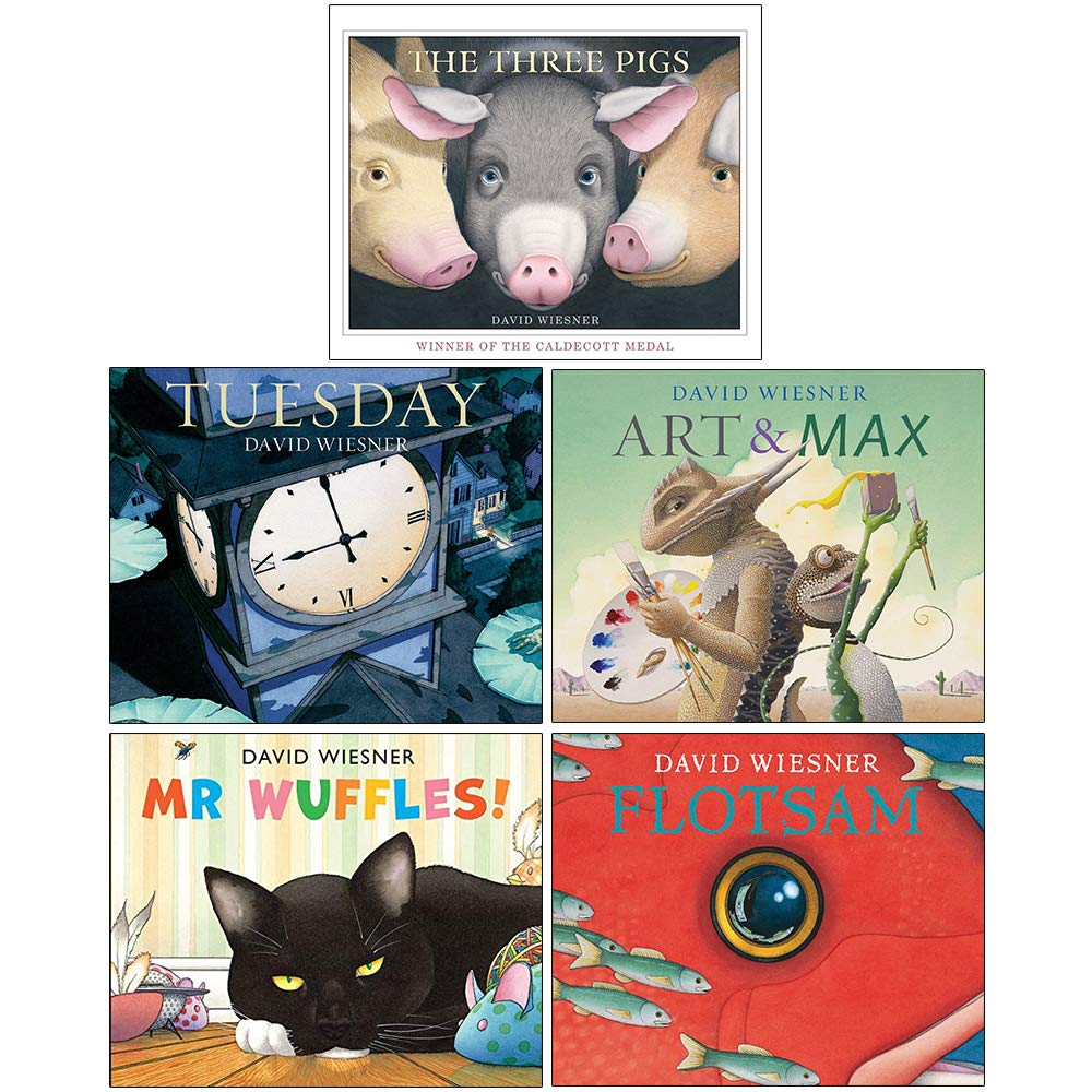 David Wiesner Collection 5 Books Set (The Three Pigs, Tuesday, Art and Max, Mr Wuffles, Flotsam) Fantasy & Sci-Fi