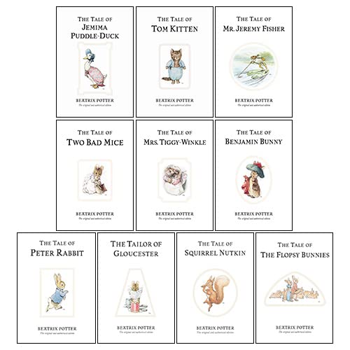 Peter Rabbit Library 10 Books Collection Set By Beatrix Potter(Flopsy Bunnies, Jemima Puddle-Duck, Tom Kitte, Mr Jeremy Fisher,Tiggy-Winkle, Two Bad Mice, Benjamin Bunny, Tailor of Gloucester, Squirrel Nutkin & Tale Peter Rabbit) Novels & Short Stories