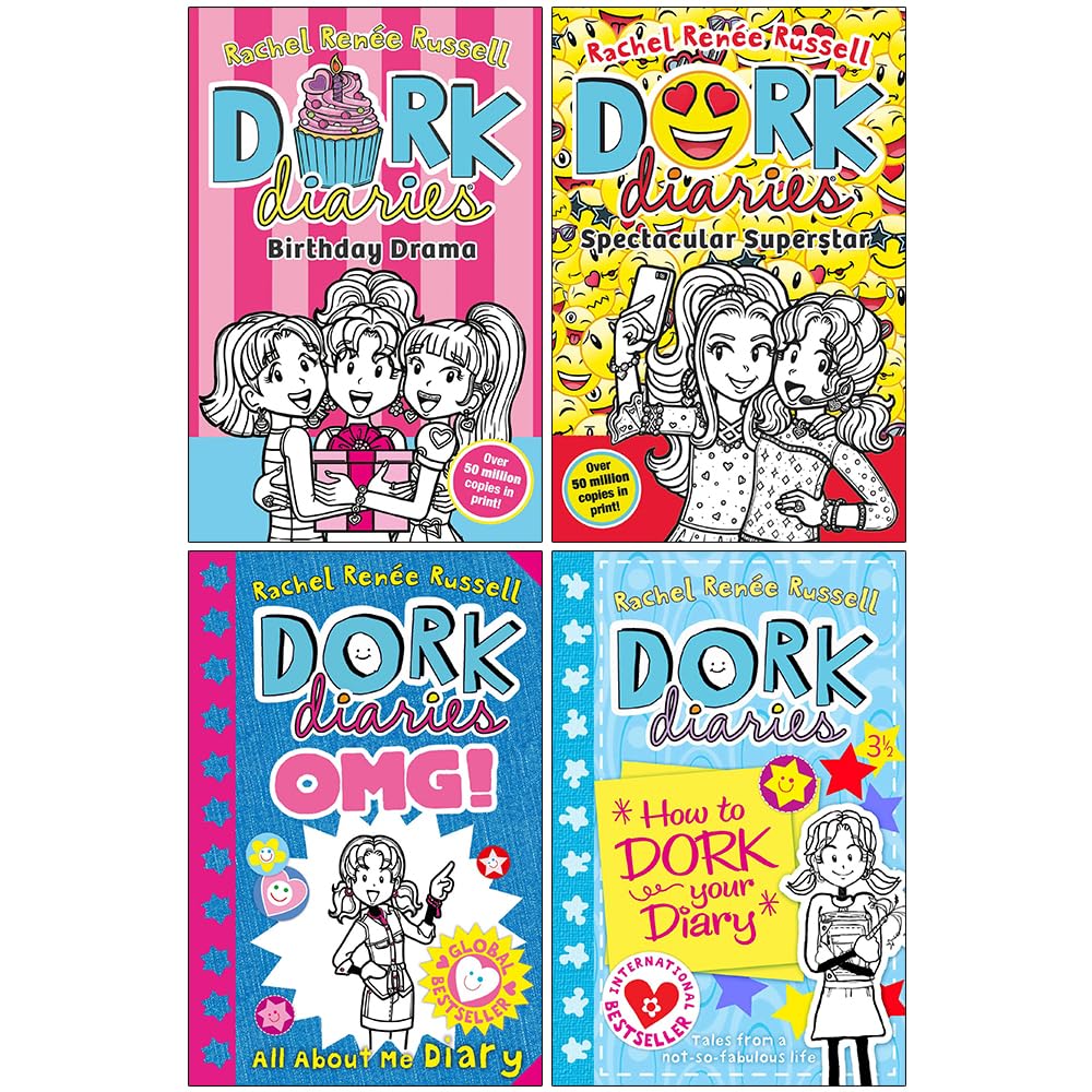 Dork Diaries Series Collection 4 Bücherset von Rachel Renee Russell (Birthday Drama!, Spectacular Superstar, Dork Diaries OMG All About Me Diary, Dork Diaries 3 ½ How to Dork Your Diary) Comics for children & teenagers
