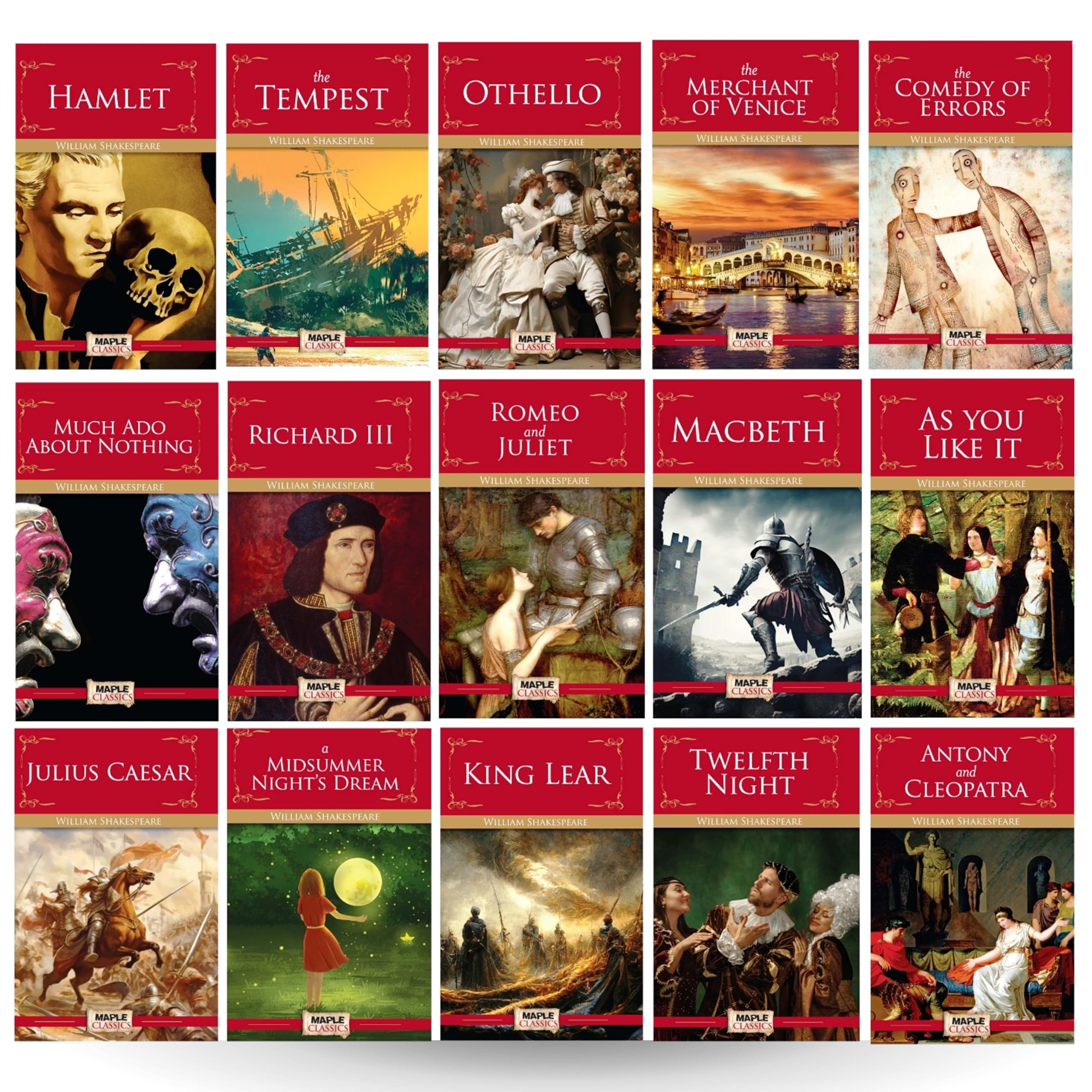 William Shakespeare (Set of 15 Books) - Hamlet, The Tempest, Othello, The Merchant of Venice, The Comedy of Errors, Richard III, Much Ado About ... Dream, Antony and Cleopatra, Twelfth Night Books