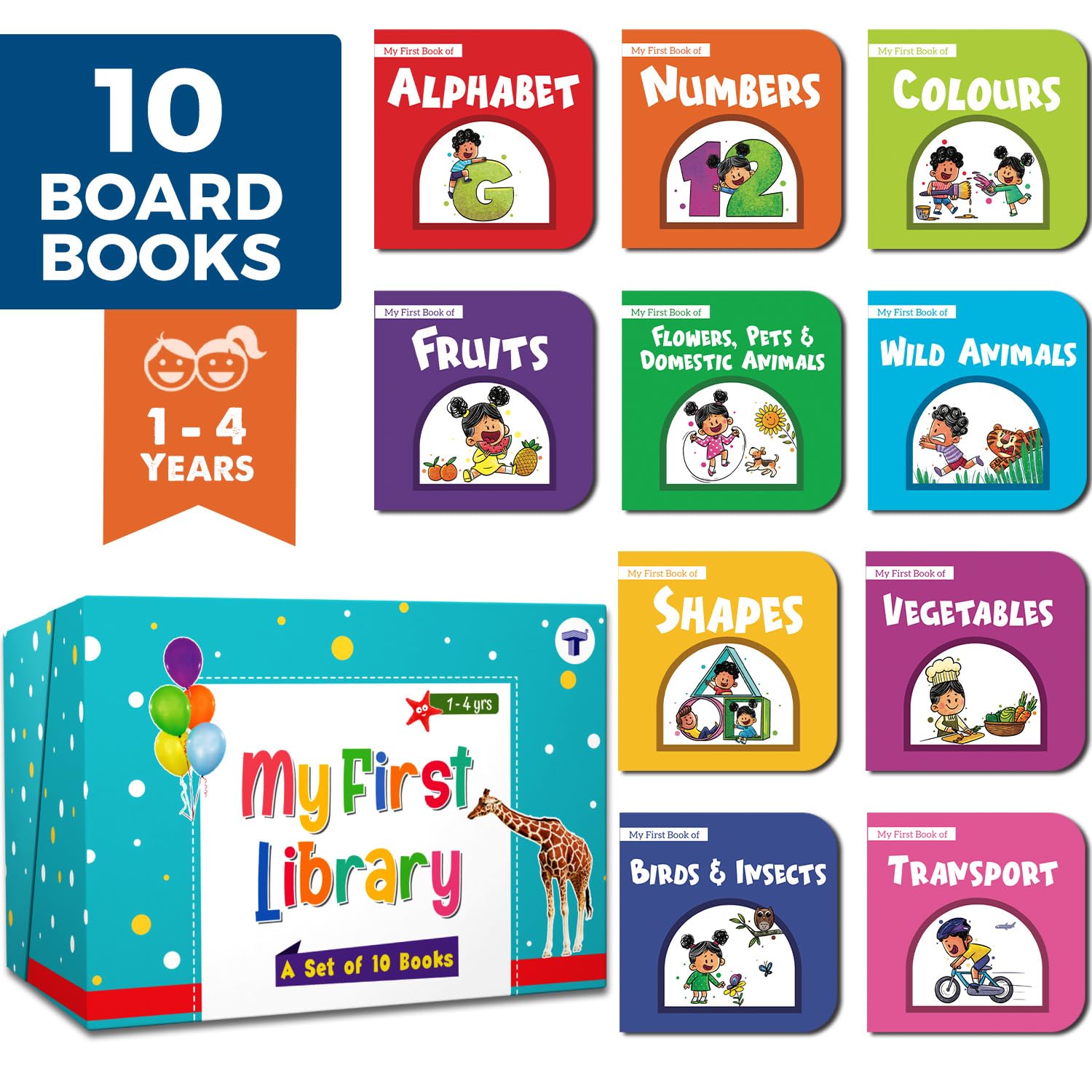 My First Library Box Set of 10 Kids Board Books | Baby Books for 1 - 4 Years | Alphabet, Numbers, Colors, Fruits, Animal Book | Children Book for Gift Books
