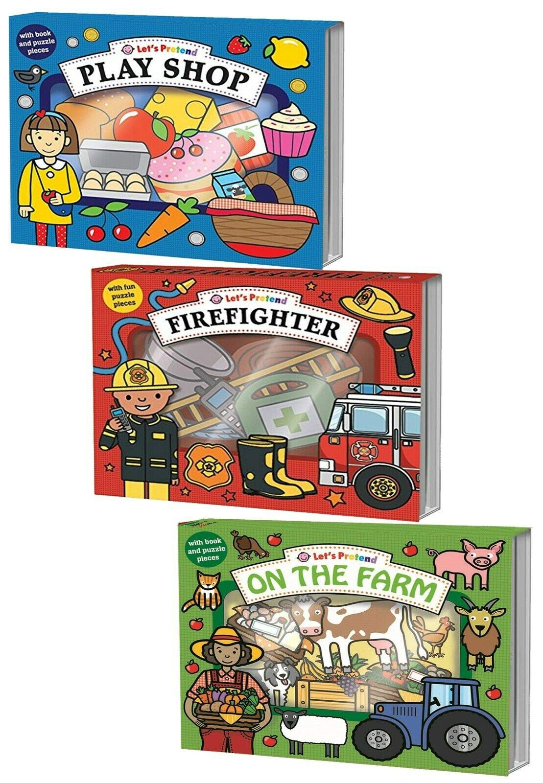 Let's Pretend Children Puzzle Activity 3 Books Collection Set Firefighter, Play Shop, On The Farm by Roger Priddy book