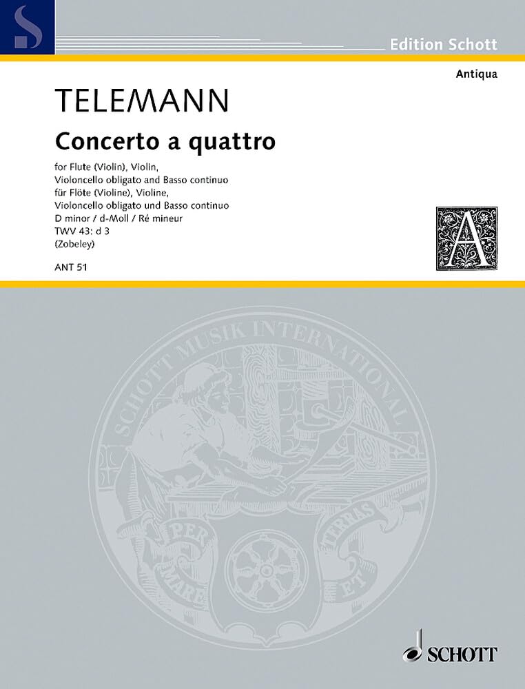 Concerto a quattro: d-Moll. TWV 43: d 3. Flöte (Violine), Violine, Violoncello obl. und Basso continuo. Partitur und Stimmen. (Antiqua: Eine Sammlung alter Musik) Sheet Music