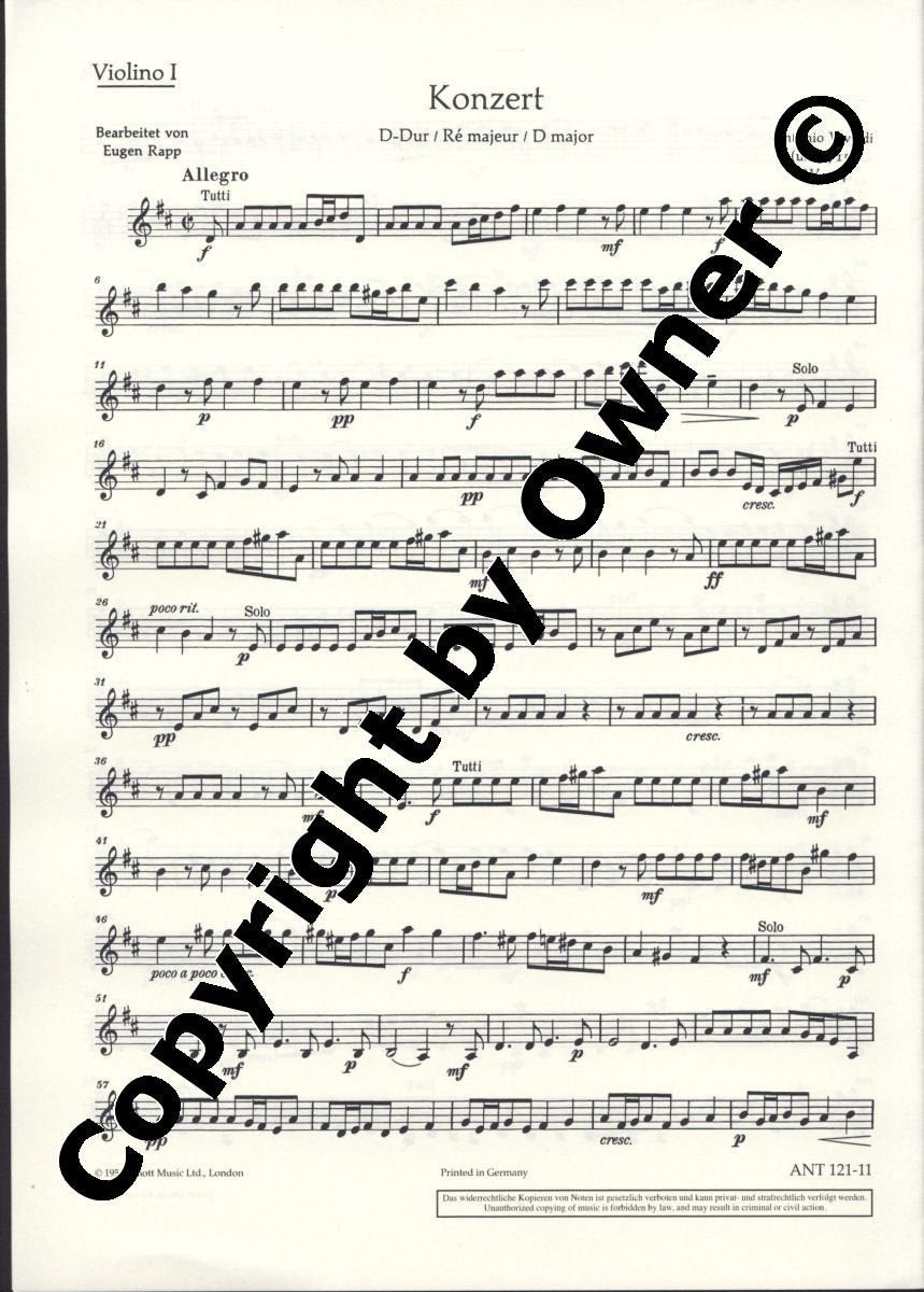 Konzert D-Dur: RV 404. Violoncello, Streichorchester und Cembalo. Violine I. (Antiqua: Eine Sammlung alter Musik) Sheet Music