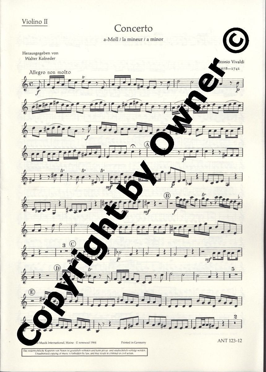 Concerto a-Moll: RV 461/PV 42. Oboe, Streicher und Basso continuo. Violine II. (Antiqua: Eine Sammlung alter Musik) Sheet Music
