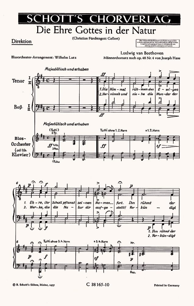 Die Ehre Gottes in der Natur: "Die Himmel rühmen", D-Dur. op. 48/4. Männerchor (TTBB) bzw. gemischter Chor (SATB) a cappella bzw. mit ... (Orgel). Klavierdirektion. (Schott Chormusik) Sheet Music