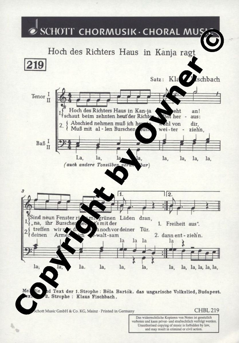 Drei ungarische Volkslieder: 2. Hoch des Richters Haus in Kanja ragt. Männerchor (TTBB). Chorpartitur. (Schott's Chorblätter) Arts & Music
