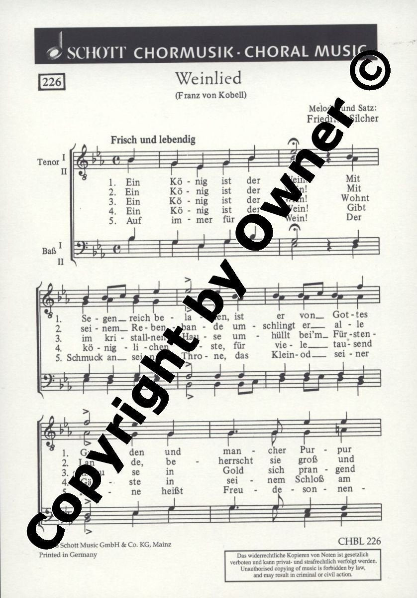 Weinlied: "Ein König ist der Wein". Männerchor (TTBB). Chorpartitur. (Schott's Chorblätter) Sheet Music