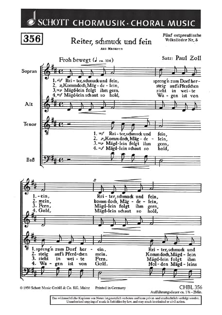 Fünf ostpreußische Volkslieder: 5. Reiter, schmuck und fein (aus Masuren). gemischter Chor a cappella. Chorpartitur. (Schott's Chorblätter) Arts & Music