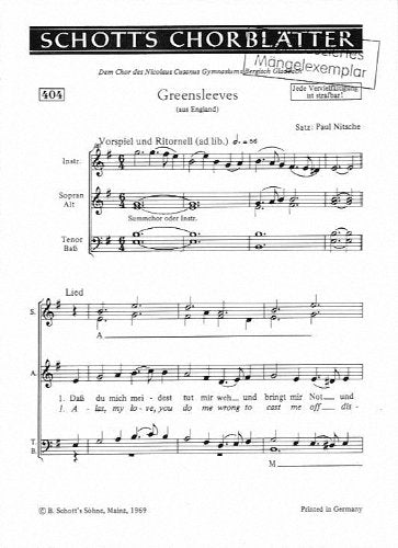 Greensleeves: "Dass du mich meidest tut mir weh" (aus England). gemischter Chor mit Akkordeon, Gitarre oder Melodie-Instrumente ad lib.. Partitur. (Schott's Chorblätter) Arts & Music