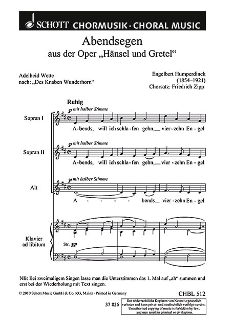 Abendsegen: "Abends, will ich schlafen gehn" (aus "Hänsel und Gretel"). female choir or children's choir (SMezA) a cappella or with piano. Partition de chœur. Sheet Music