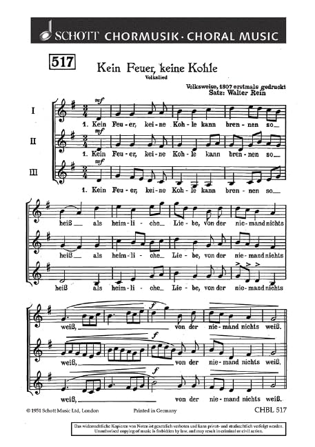 Kein Feuer, keine Kohle: (1807). Frauen- oder Kinderchor (SMezA). Chorpartitur. (Schott's Chorblätter) Arts & Music