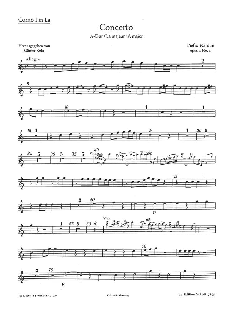 Concerto A-Dur: op. 1/1. Violine, Streicher, Orgel (Cembalo); 2 Hörner in A ad libitum. Stimmensatz. (Concertino) Sheet Music