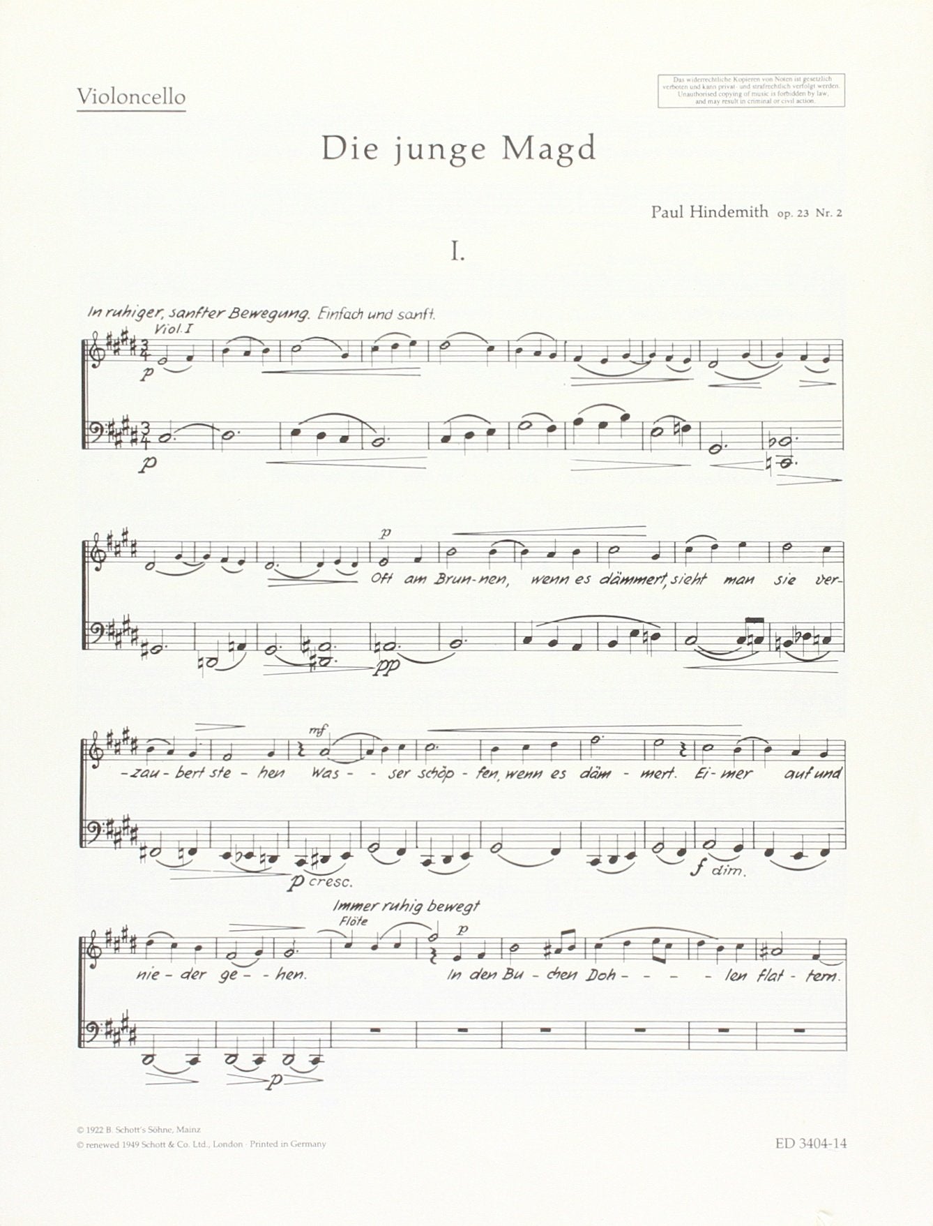 Die junge Magd: 6 Gedichte von Georg Trakl. op. 23/2. Alt-Stimme mit Flöte, Klarinette und Streichquartett. Violoncello. Sheet Music