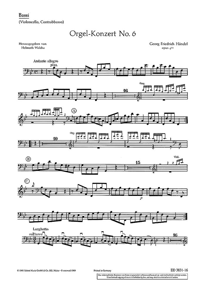Orgel-Konzert Nr. 6 B-Dur: "Harfenkonzert". op. 4/6. HWV 294. Orgel (Harfe), 2 Flöten (Alt-Blockflöten) und Streicher. Bassi. Arts & Music