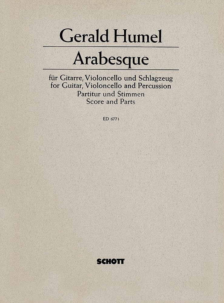Arabesque: guitar, cello and percussion (side/snare drum, bongo drums, tom-toms, triangles and marimba). Partition et parties. book