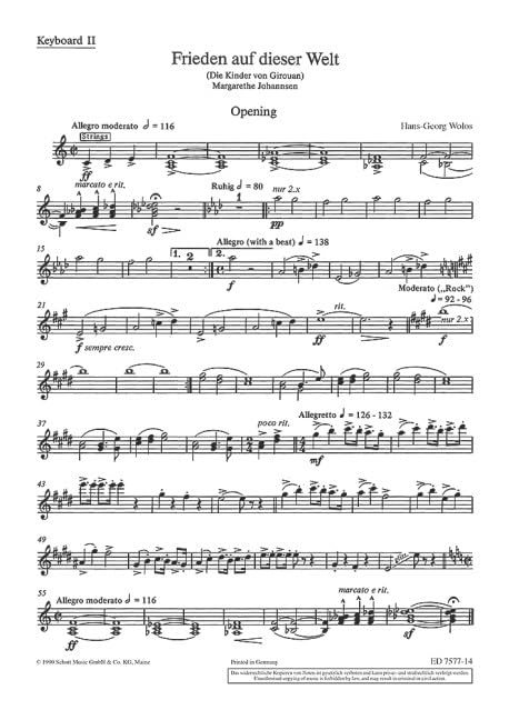 Frieden auf dieser Welt: (Die Kinder von Girouan). 1-3 stimmiger Chor, Solostimmen, Sprecher, Flöte, 2 Keyboards, Akkordeon, Klavier, Violoncello, ... Elektro-Gitarre, Schlagzeug. Keyboard II. Sheet Music