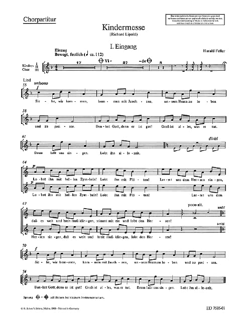 Kindermesse: children's choir (MezMezMez) with 2 soprano recorders, Orff-instruments and organ; strings ad libitum. Partition de chœur. Sheet Music