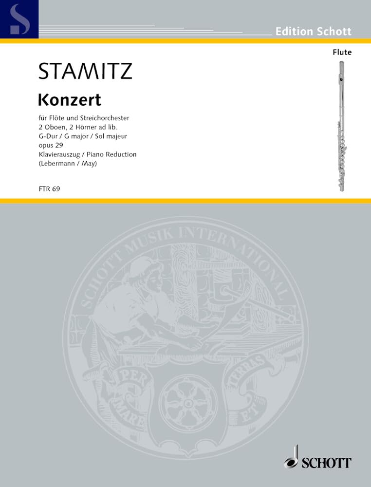 Konzert G-Dur: op. 29. Flöte und Streichorchester, 2 Oboen, 2 Hörner ad libitum. Klavierauszug mit Solostimme. (Edition Schott) Sheet Music